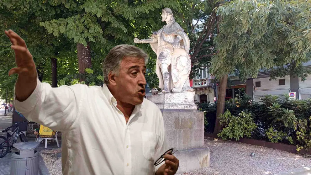 Fotomontaje de Asirón sobre una foto de una de las estatuas de ls reyes de Navarra del Paso Sarasate de Pamplona.