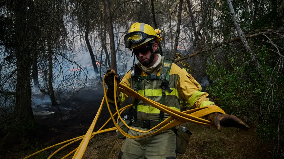 Efectivos de Bomberos, Polic&iacute;a Foral, Guardia Civil, aviones y helic&oacute;pteros trabajan para sofocar el incendio forestal declarado en Carcastillo. PABLO LASAOSA