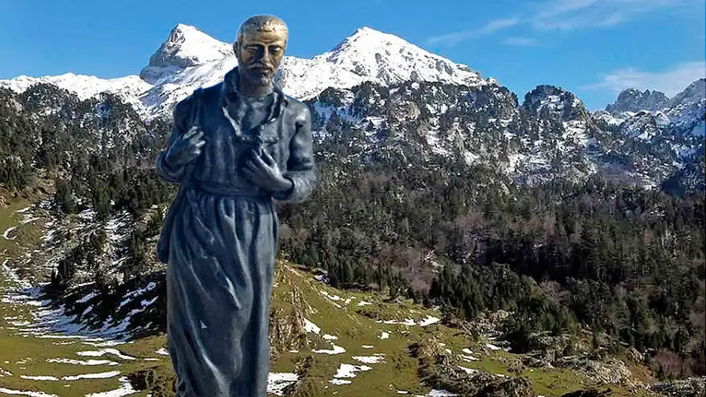Fotomontaje con una imagen de la estatua de San Francisco Javier sobre una panorámica del monte de Larra y la Mesa de los Tres Reyes. NAVARRA.COM