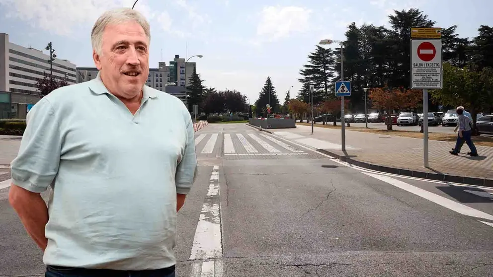 Una imagen de Joseba Asirón (Bildu) en la zona de hospitales restringida al tráfico de vehículos particulares entre las rotondas de la avenida de Barañáin y Boticario Viñaburu en Pamplona. IÑIGO ALZUGARAY