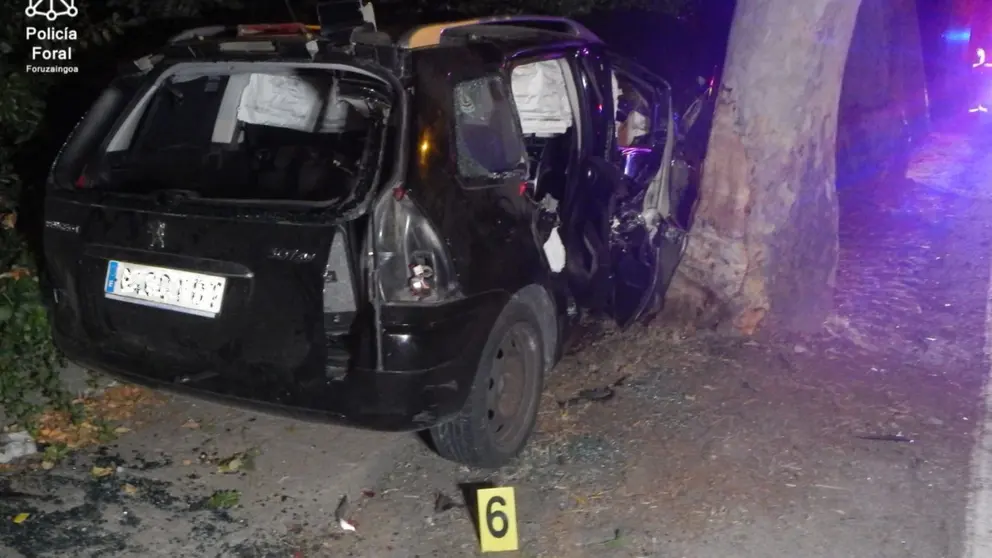 Imagen del coche estrellado contra un árbol en Puente la Reina. POLICÍA FORAL