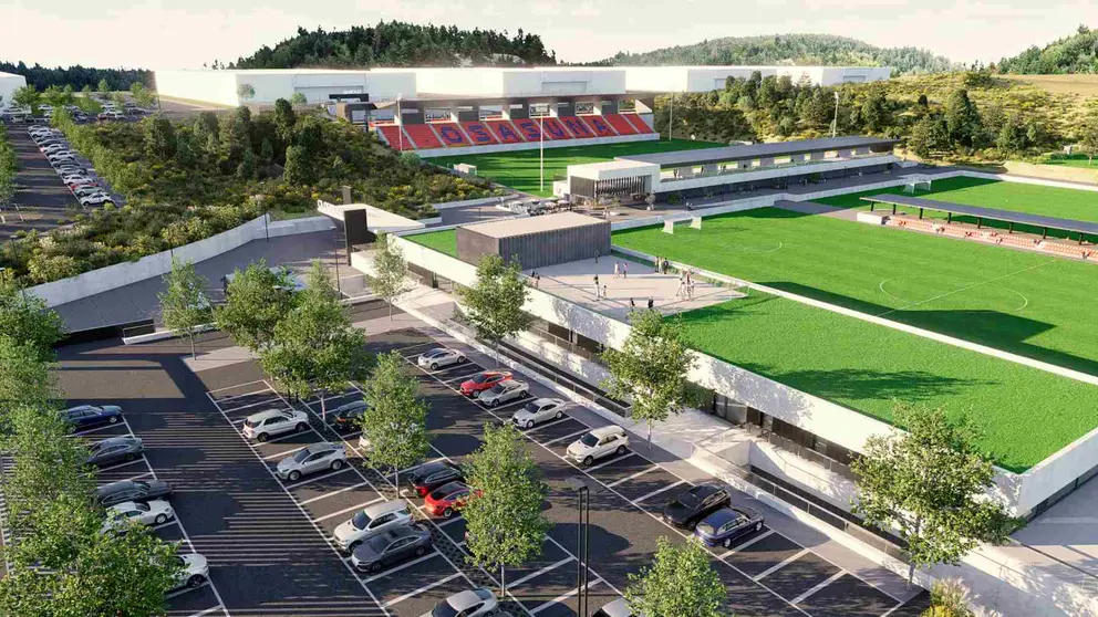 REnder de cómo quedará el nuevo estadio de Osasuna en las instalaciones deportivas de Tajonar. OSASUNA