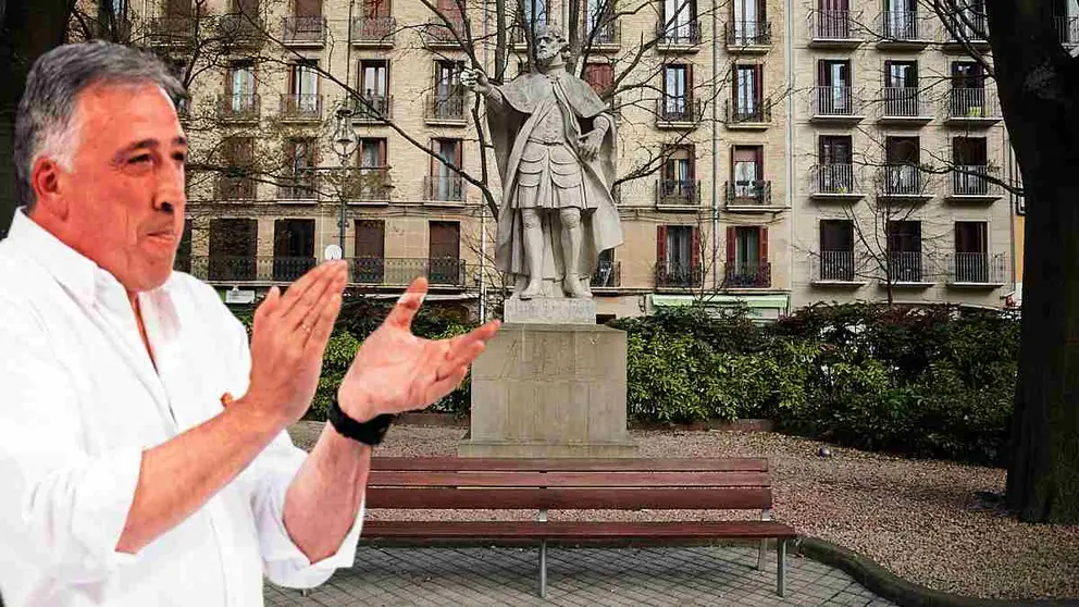 Fotomontaje de Joseba Asirón sobre una de las estatuas de los Reyes de Navarra del Paseo Sarasate de Pamplona.