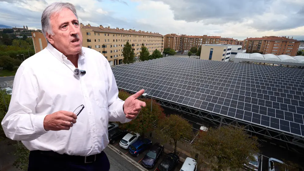 Fotomontaje con una imagen del alcalde de Pamplona, Joseba Asirón, sobre una vista de un aparcamiento disuasorio. NAVARRA.COM