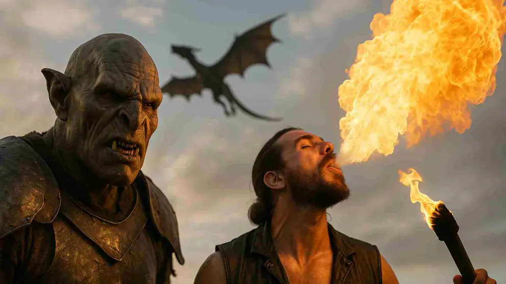 Un orco, un tragafuegos y un dragón.