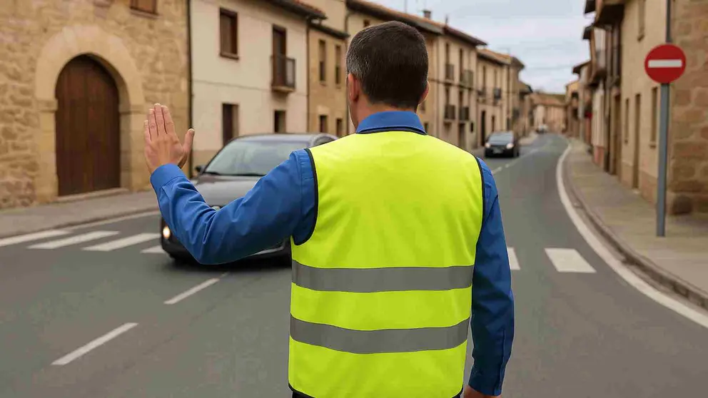 Un empleado municipal controlando el tráfico en un pueblo. IA