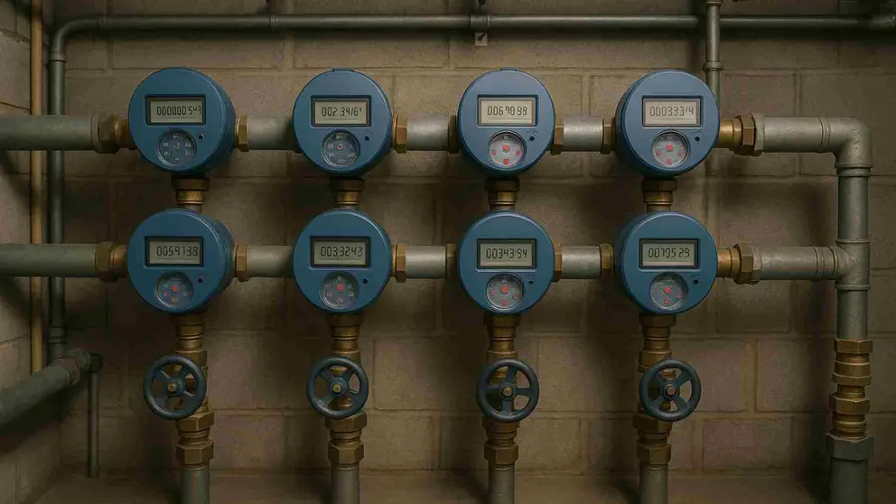 Cuarto de contadores de agua de un edificio con los contadores inteligentes. IA