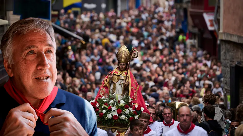 Fotomontaje con una imagen del alcalde de Pamplona, Joseba Asirón, sobre otra de la procesión de San Fermín de Aldapa. CEDIDA