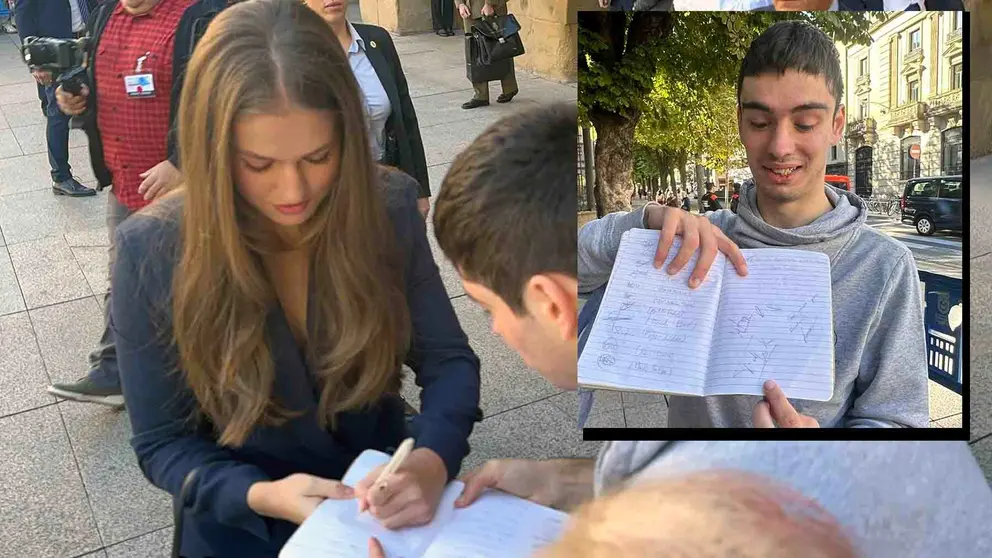 La Princesa Leonor firma en el cuaderno del pamplonés Nicolás Atanes. Al lado, muestra con orgullo las firmas conseguidas.