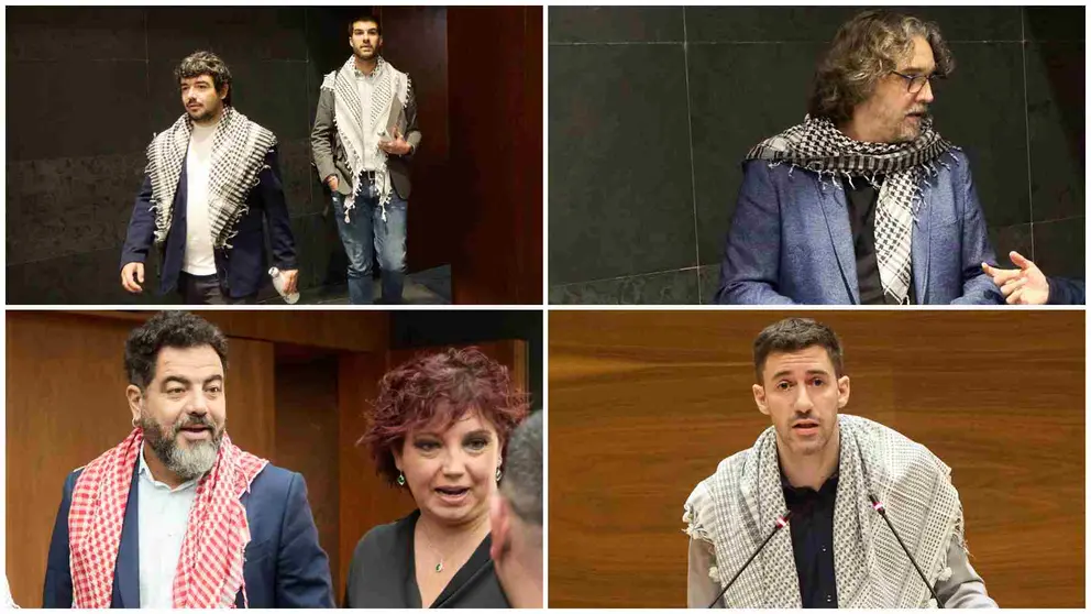 Parlamentarios forales luciendo el pañuelo palestino a modo de protesta contra lo que consideran un genocidio en Gaza. ÍÑIGO ALZUGARAY