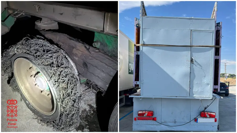 Fotomontaje con una imagen del estado de la rueda que finalizó con la detención del camionero y otra del vehículo con matrículas falsas. POLICÍA FORAL