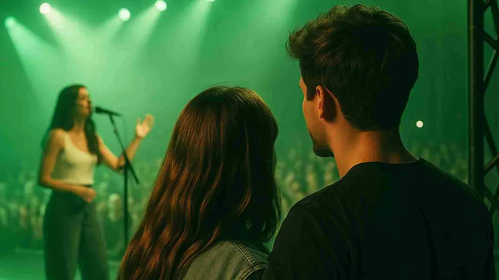 Dos jóvenes disfrutan de un concierto desde el backstage del escenario. IA