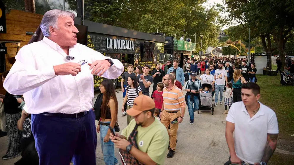 Fotomontaje con una imagen de Joseba Asirón sobre una vista de la edición anterior de 'The Champions Burguer' en Pamplona. NAVARRA.COM