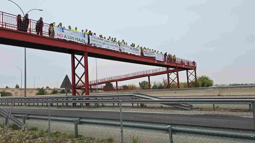 Los camioneros navarros han protestado este sábado en la A-68 a la altura del puente de Ribaforada. TRADISNA