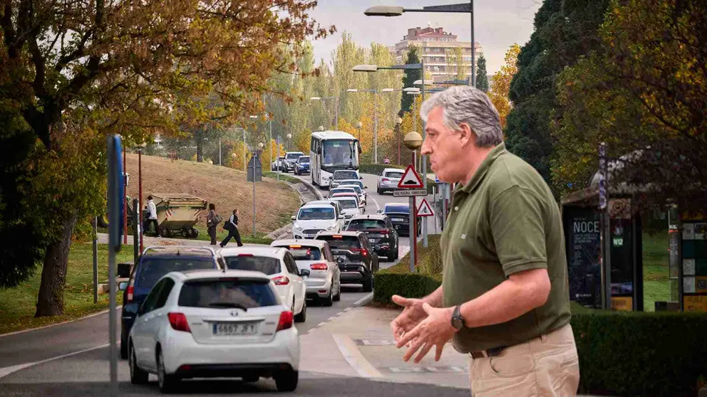 Fotomontaje de Asirón sobre un foto de los atascos provocados por el cierre de la carretera de la Universidad.