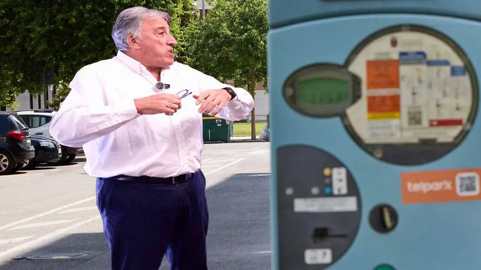 Fotomontaje con una imagen del alcalde de Pamplona, Joseba Asirón, sobre una fotografía de una parquímetro. NAVARRA.COM