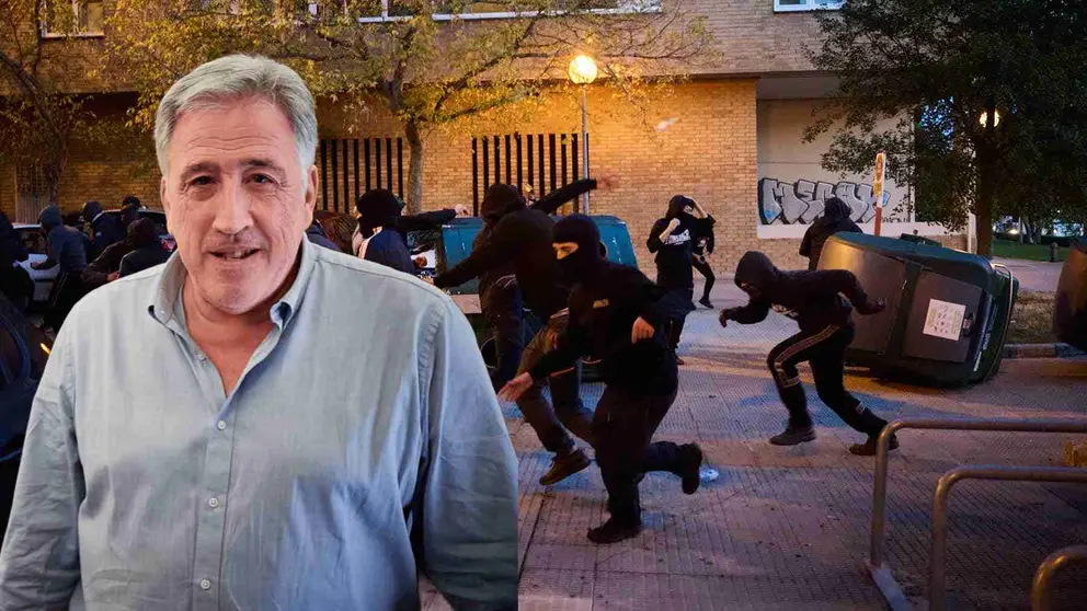 Fotomontaje de Asirón sobre una foto de los disturbios en Pamplona frente al acto de Vito Quiles.