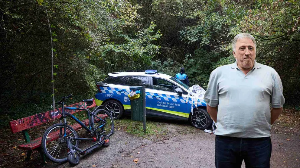 Fotomontaje de Joseba Asirón sore una foto del asentamiento en el que dormían los cuatro magrebíes detenidos por la presunta violación de una joven en Pamplona.