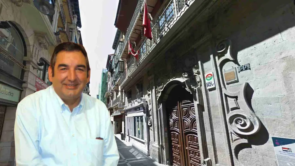 Fotomontaje de José Ángel Agirrebengoa sobre una foto de la sede del PNV en Pamplona.