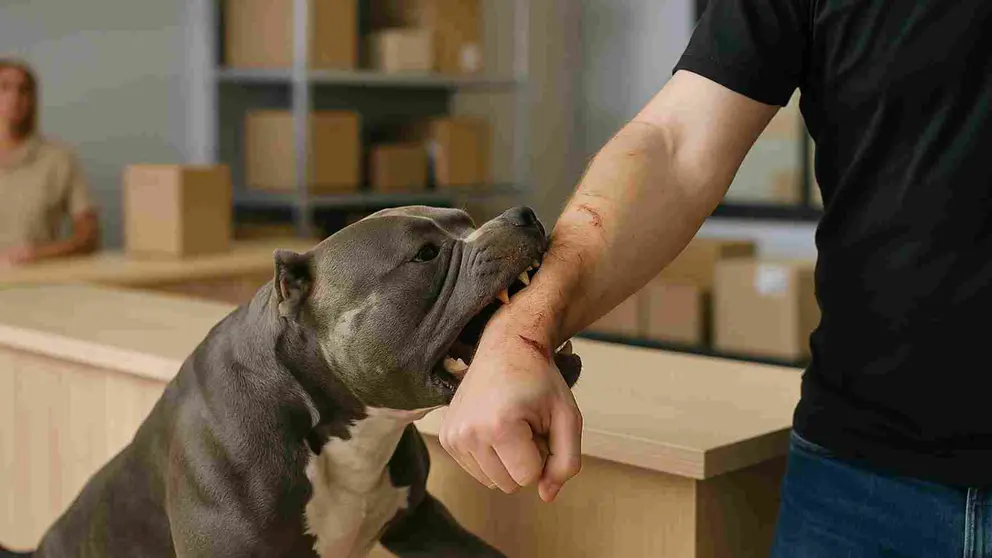 Un perro de la raza American Bully ataca a un hombre. IA