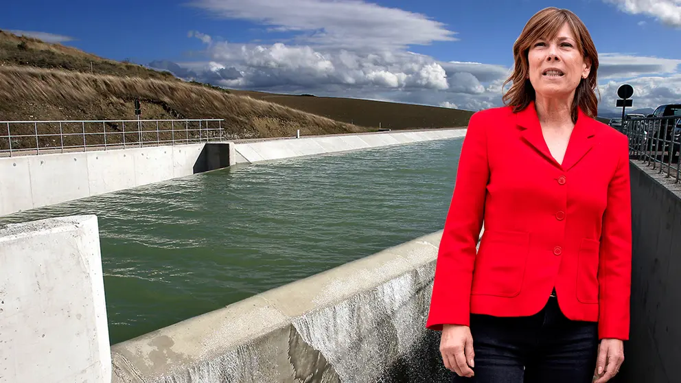 Fotomontaje con una imagen de Uxue Barkos sobre una vista del Canal de Navarra. NAVARRA.COM