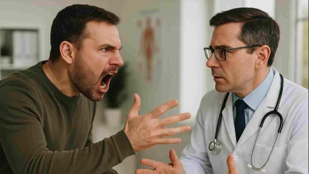 Imagen de un paciente a punto de agredir a un médico en una consulta. Imagen  generada por Inteligencia Artificial.