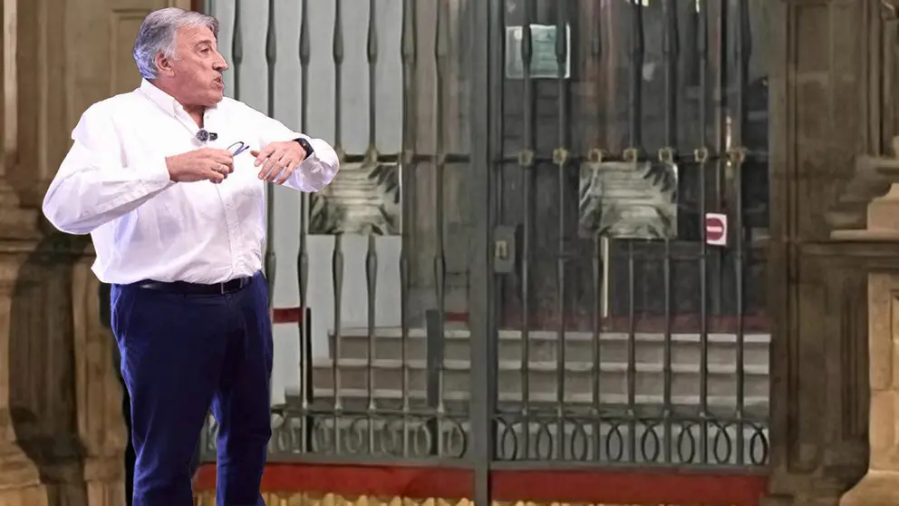 Fotomontaje con una imagen de Joseba Asirón sobre otra de la puerta del Ayuntamiento de Pamplona cerrada.
