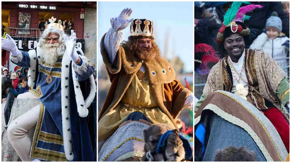 Melchor, Gaspar y Baltasar, los tres Reyes Magos que han protagonizado este lunes 5 de enero la Cabalgata de Reyes Magos de 2025 en Pamplona.