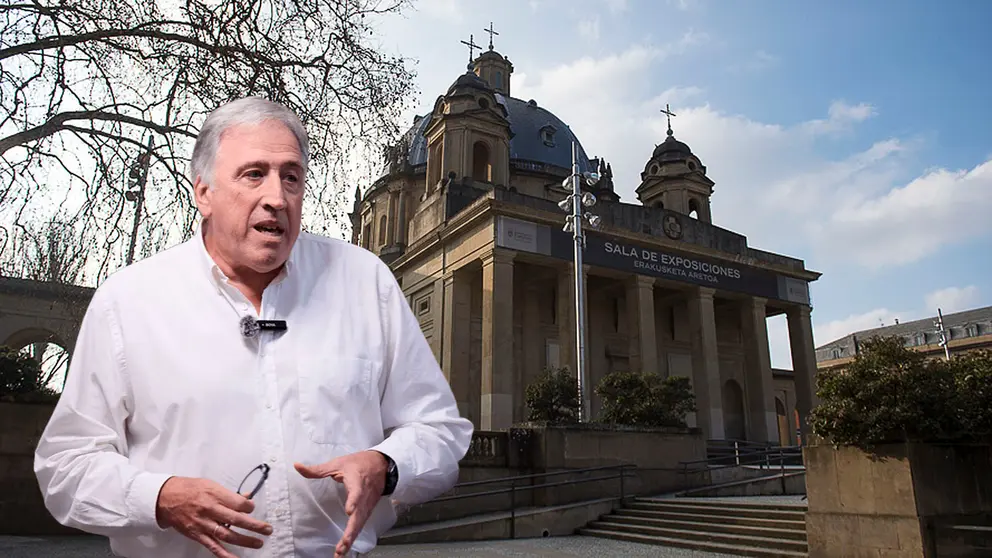 Fotomontaje con una imagen de Joseba Asiron sobre una vista del Monumento a los Ca&iacute;dos de Pamplona.