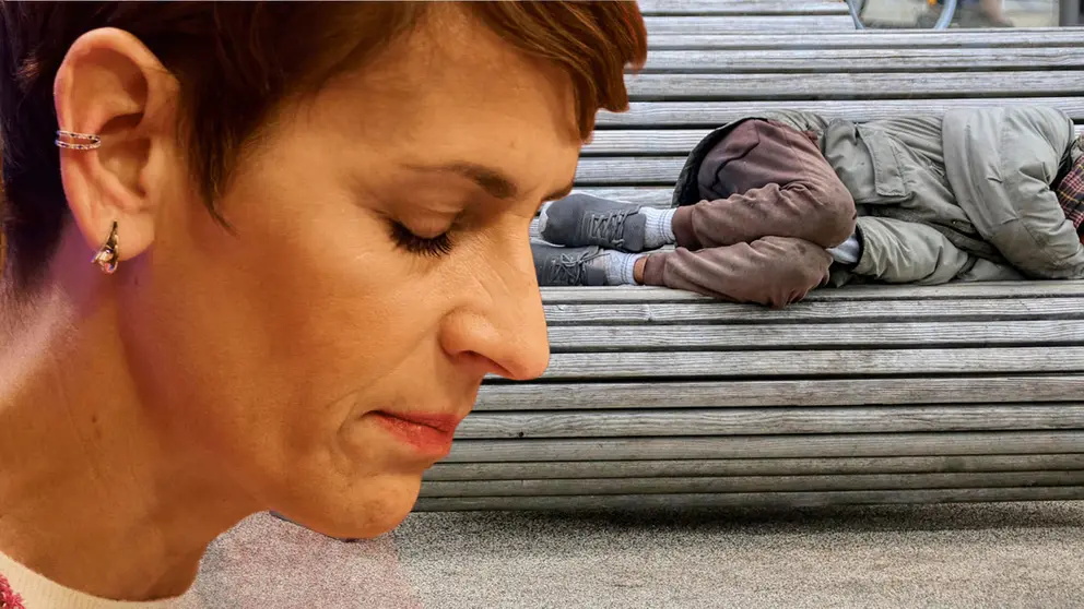 Fotomontaje con una imagen de Mar&iacute;a Chivite y otra de un sin techo. NAVARRA.COM