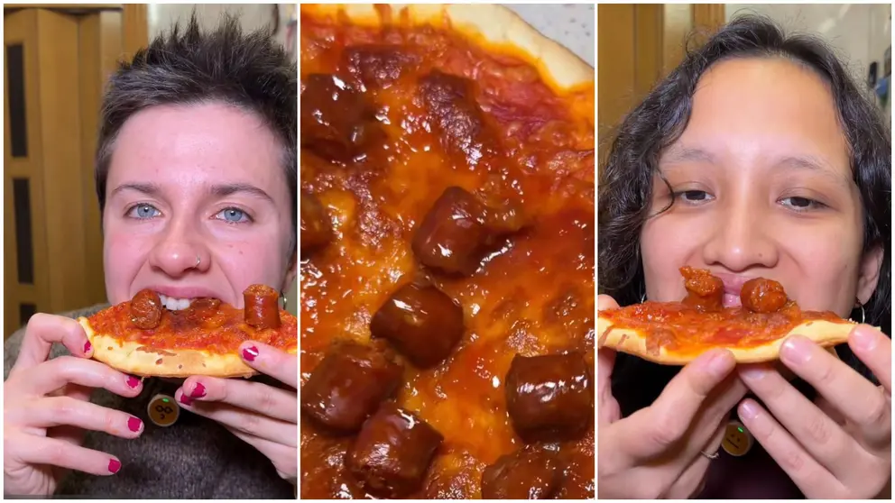 Fotomontaje con las influencers Mar&iacute;a y Hilleiry probando su pizza inspirada en Navarra. TIKTOK / @COMISTERIA