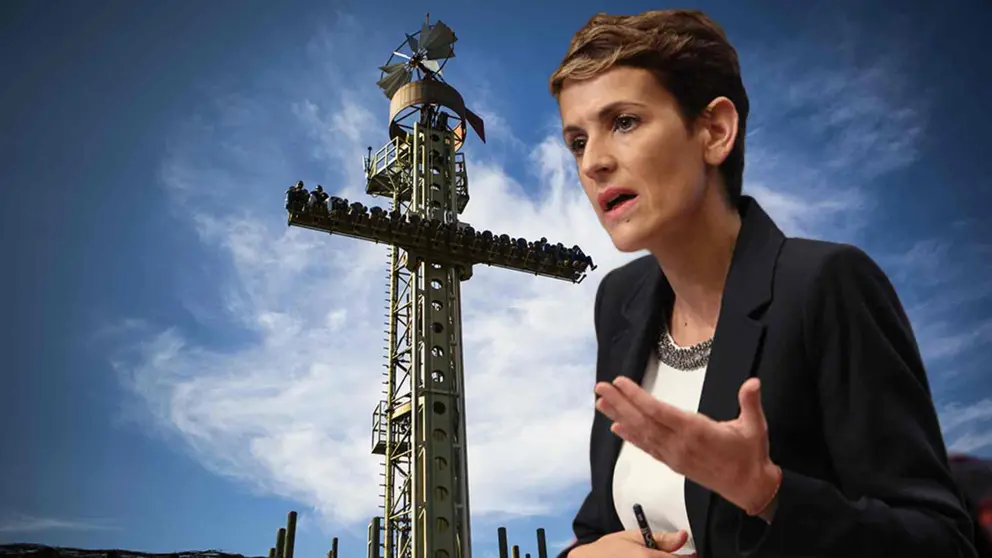 Fotomontaje con una imagen de Mar&iacute;a Chivite sobre una fotograf&iacute;a de una atracci&oacute;n en Sendaviva. NAVARRA.COM