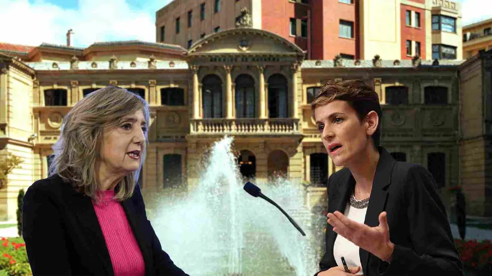 Fotomontaje de Cristina Ibarrola y Mar&iacute;a Chivite sobre una foto de los jardines del Palacio de Navarra.