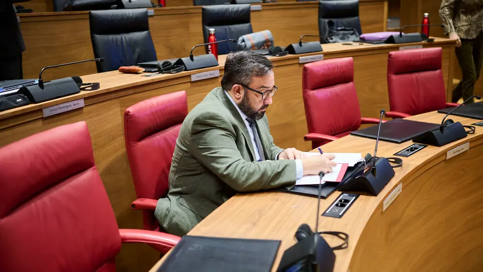 Javier Rem&iacute;rez, vicepresidente del Gobierno de Navarra, en su asiento del Parlamento. PABLO LASAOSA