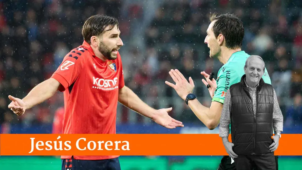 Jon Moncayola (7. CA Osasuna) y Ricardo de Burgos Bengoetxea (&aacute;rbitro del partido) durante el partido de La Liga EA Sports entre CA Osasuna y Villarreal CF disputado en el estadio de El Sadar en Pamplona. I&Ntilde;IGO ALZUGARAY
