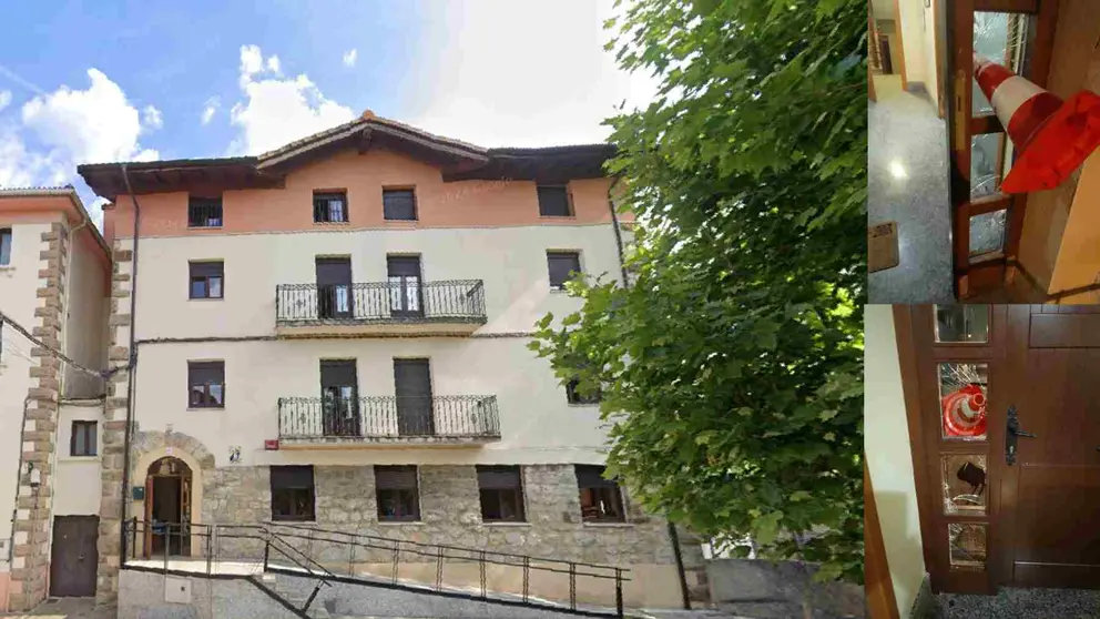 Convento de las religiosas de la Inmaculada Concepci&oacute;n de Echarri Aranaz y dos detalles del &uacute;ltimo ataque a la puerta del convento.