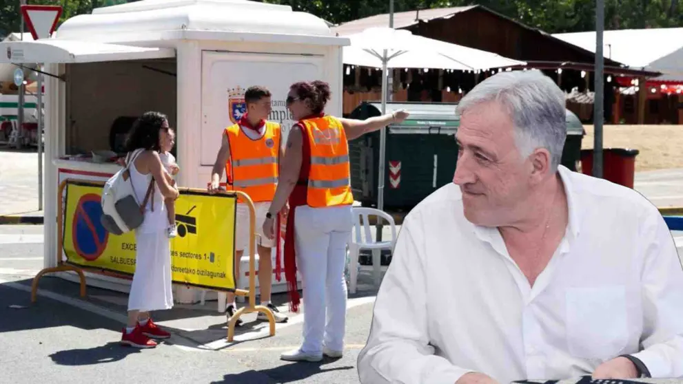 fotomontaje de Asiron sobre una foto de "naranjitos" trabajando en San Ferm&iacute;n.