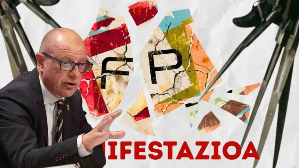 Imagen del consejero de Educaci&oacute;n, Carlos Gimeno, frente a la convocatoria de la manifestaci&oacute;n de los centros de FP