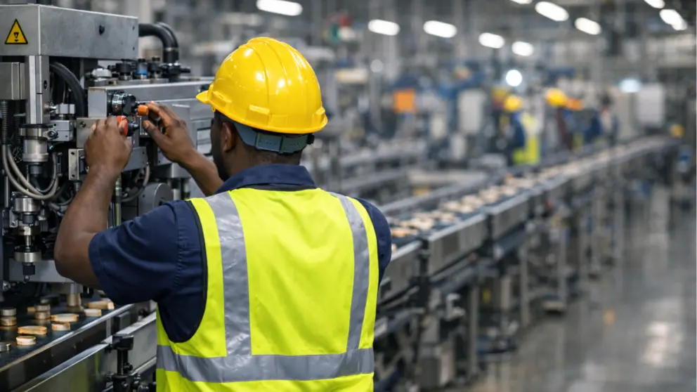 Imagen generada con Inteligencia Artificial de un operario en una l&iacute;nea de producci&oacute;n. CHAT GPT