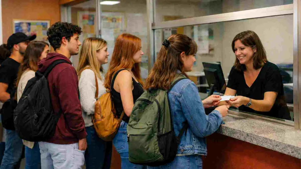 Grupo de j&oacute;venes recogiendo el Bono Cultural.