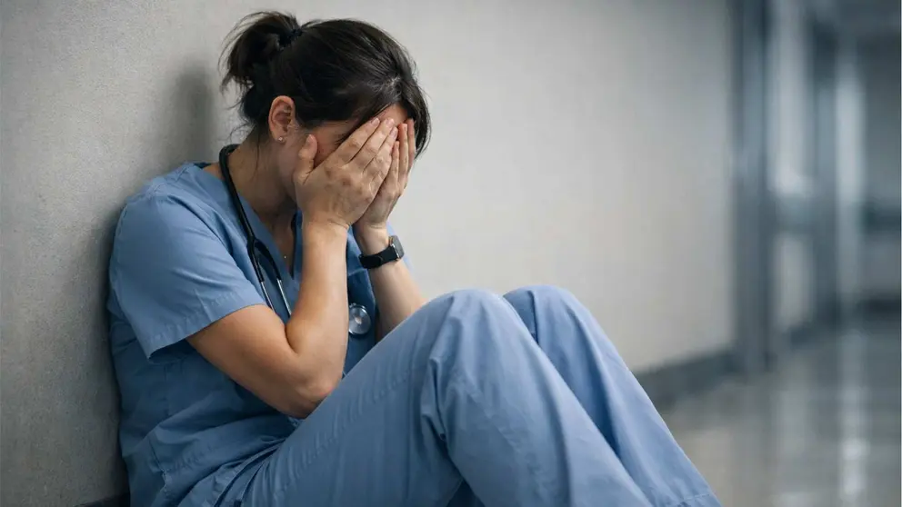 Imagen generada con inteligencia artificial de una enfermera llorando en el pasillo de un hospital. CHAT GPT