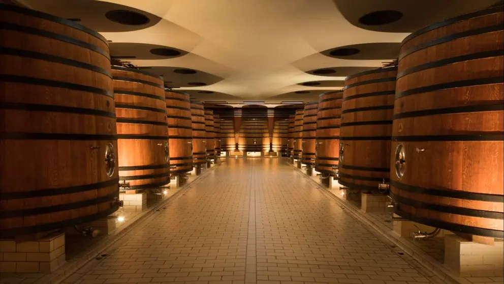 Imagen de una sala con barricas en la bodega de Marco Real en Olite. CEDIDA