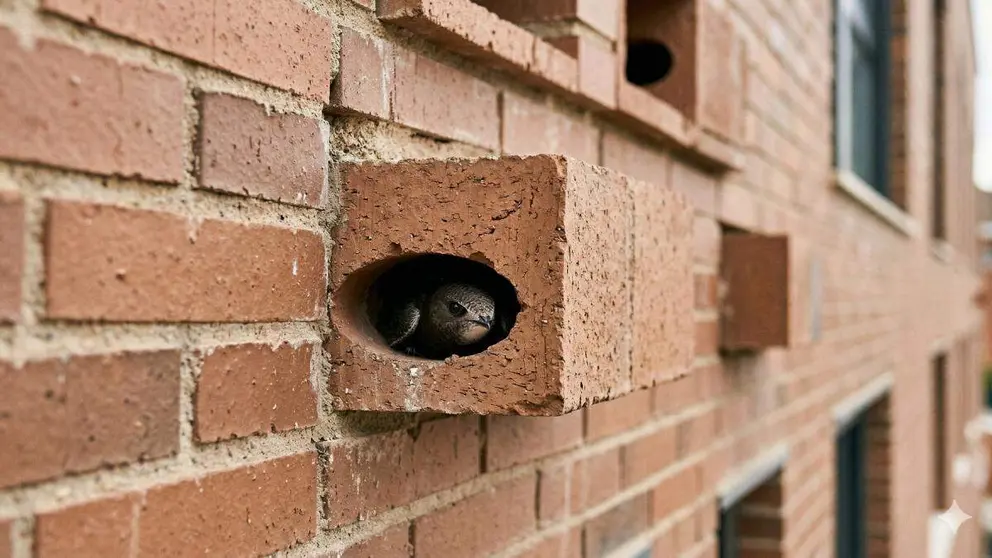 Un vencejo se protege en un ladrillo nido de la fachada de una vivienda.