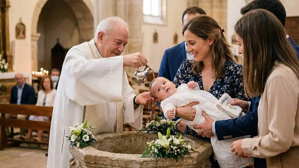 Bautizo de un beb&eacute; en una imagen de archivo.
