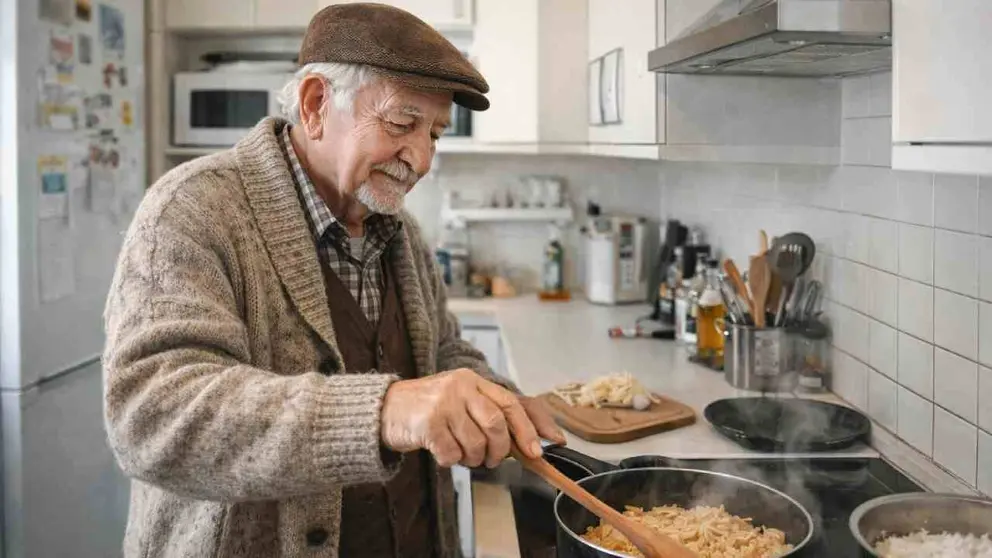 Una persona mayor prepar&aacute;ndose la comida en su casa.