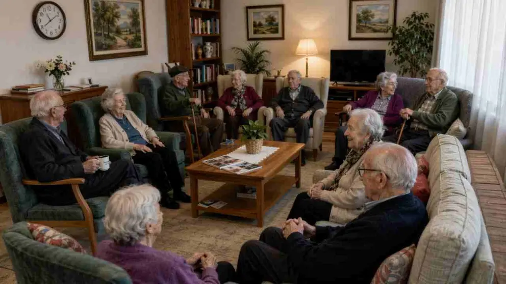 Ancianos en la sala de estar de una residencia rural en Navarra.