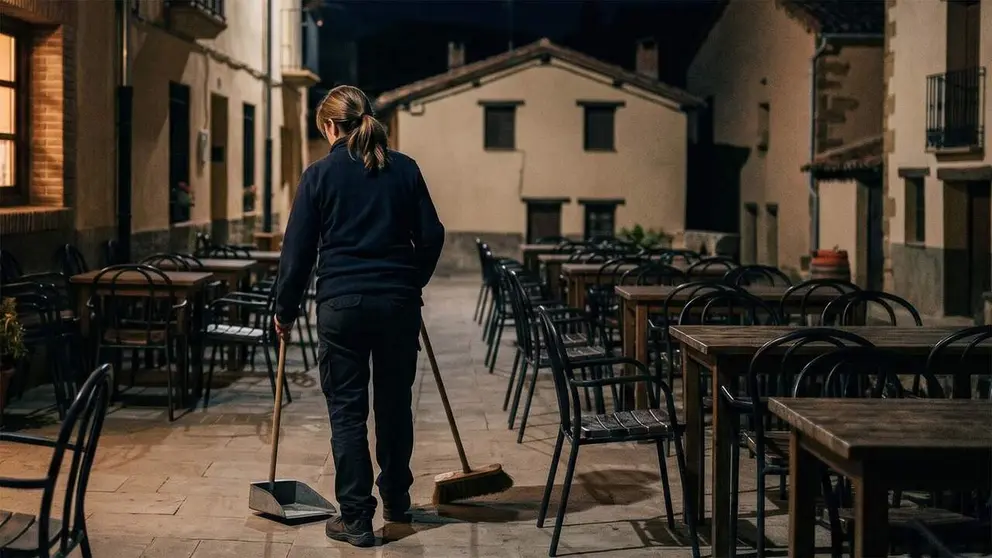 Una mujer limpia la terraza de un bar en una imagen de archivo.