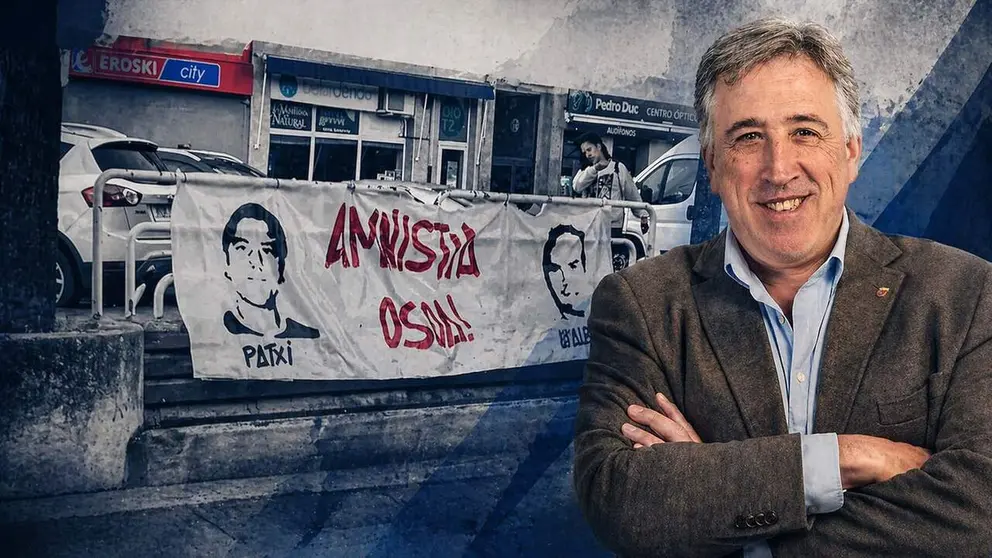 Joseba Asiron en un montaje junto a la pancarta de apoyo a los asesinos de etarras de Tom&aacute;s Caballero en las fiestas de la Chantrea en 2025.