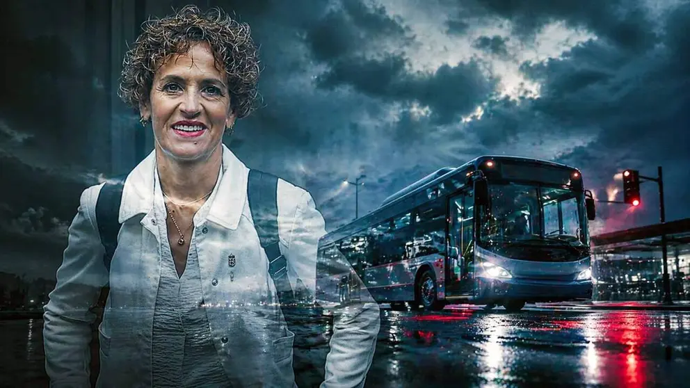 Fotomontaje de Mar&iacute;a Chivite junto a la imagen de un autob&uacute;s.