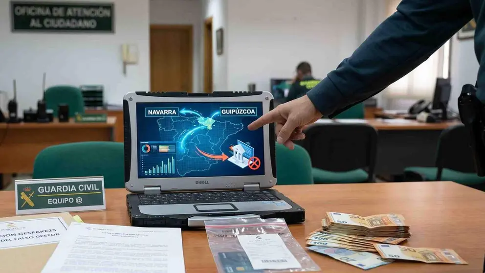 Imagen recreada de la intervenci&oacute;n de Guardia Civil en la operaci&oacute;n contra el fraude. INTELIGENCIA ARTIFICIAL